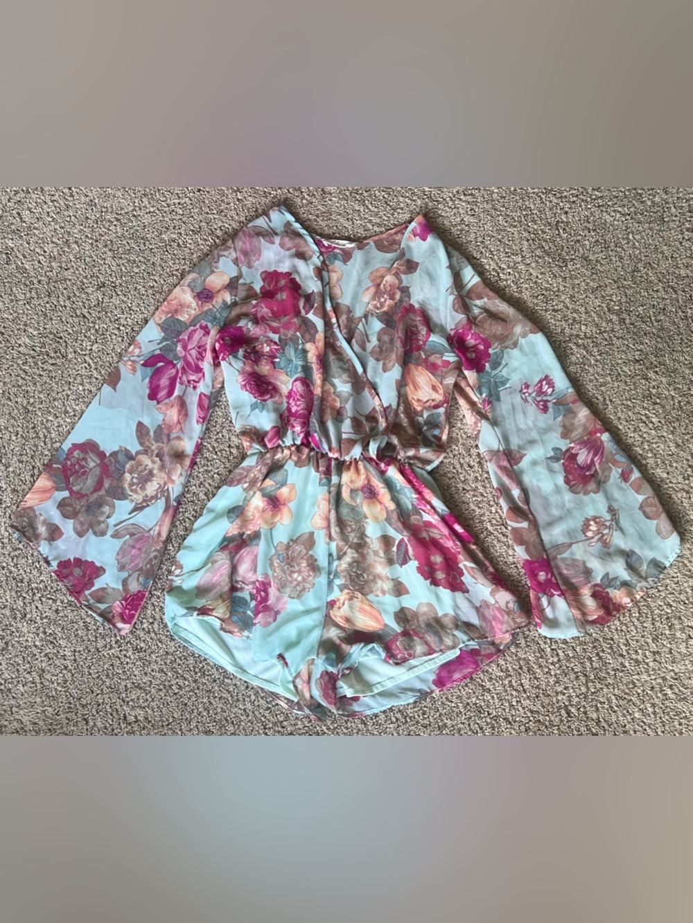 Elan Floral Bell-sleeve romper in blue pink & orange